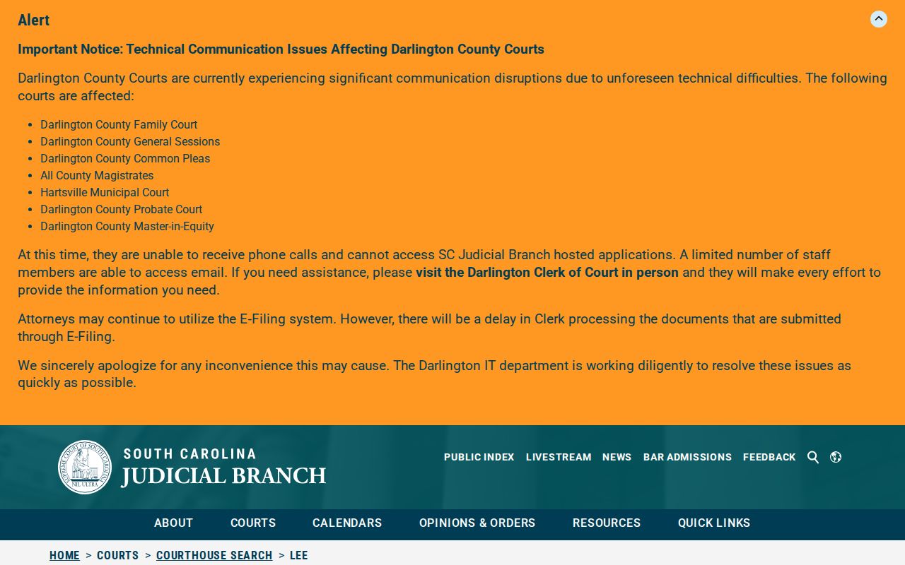 Lee County court contacts for Bishopville Police release verification