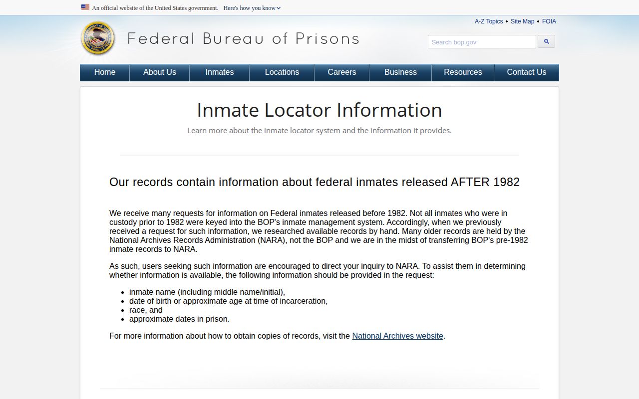 BOP locator record coverage for Lee County federal inmate release