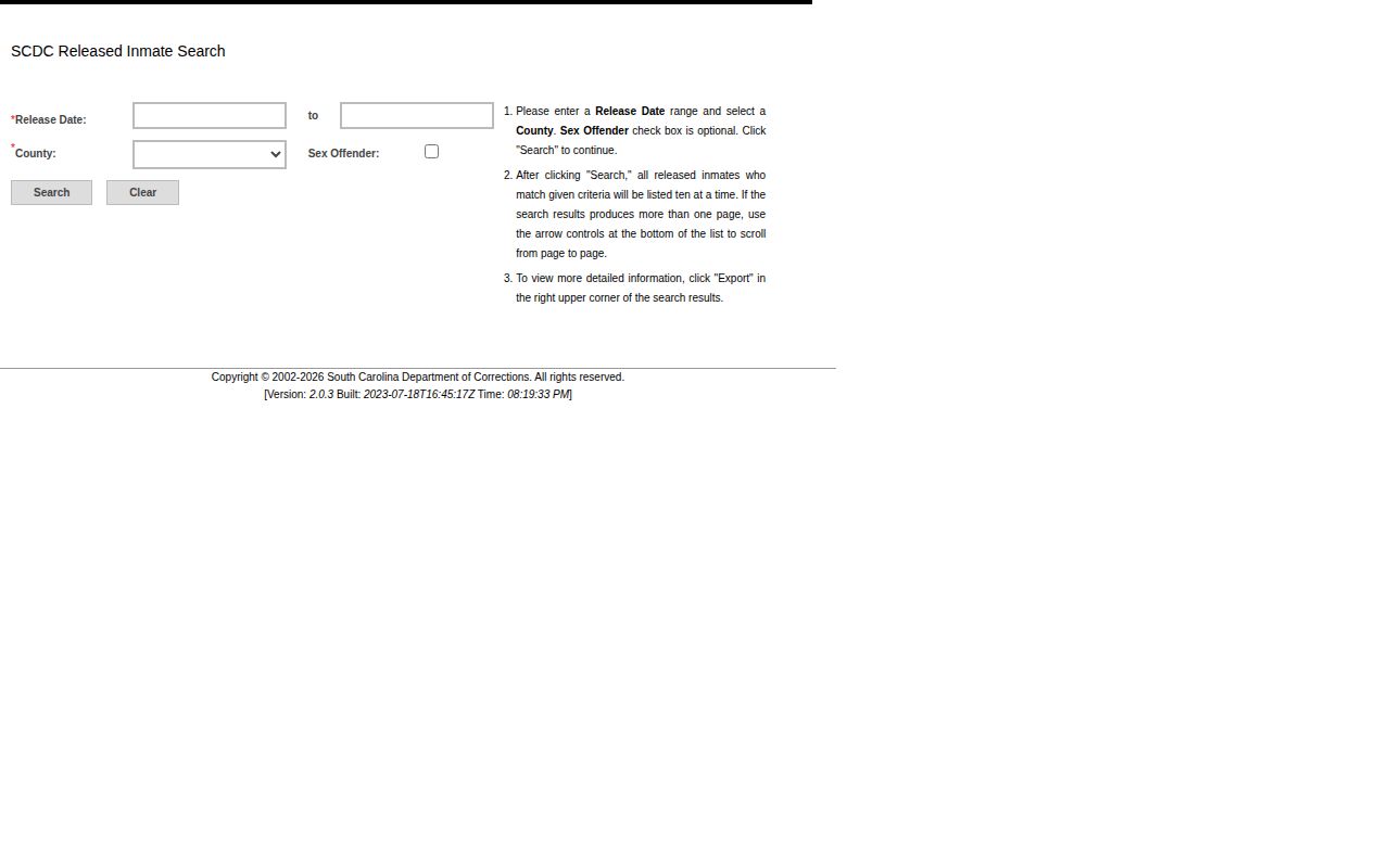 Lee County released inmates search in the official SCDC released inmate tool